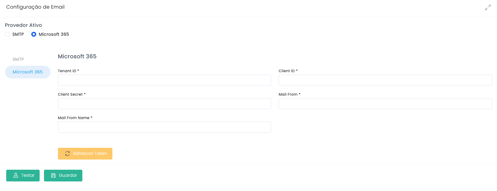 Configuração de email no Studio com o protocolo SMTP selecionado